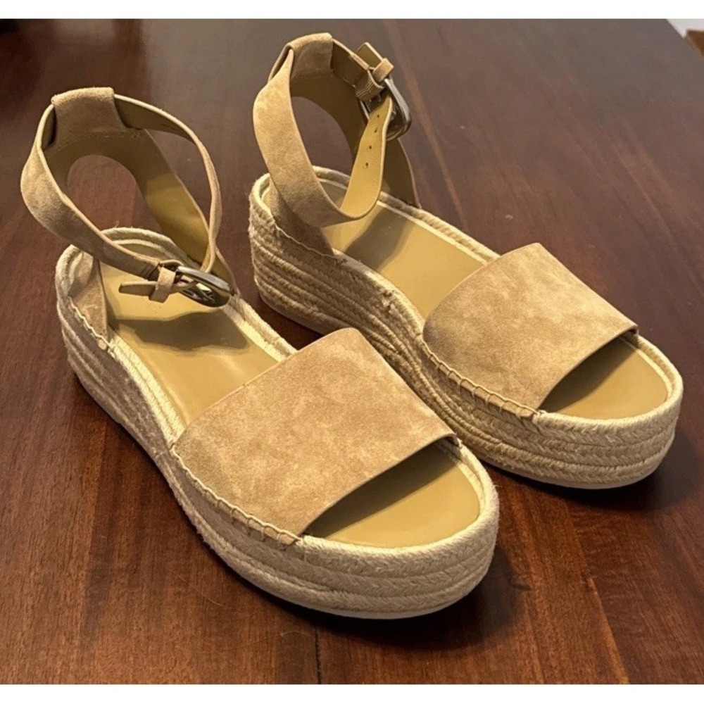 Vince Suede Espadrille Platform Sandals Womens 9.5 Beige Ankle‎ Strap NWOT - Picture 2 of 10